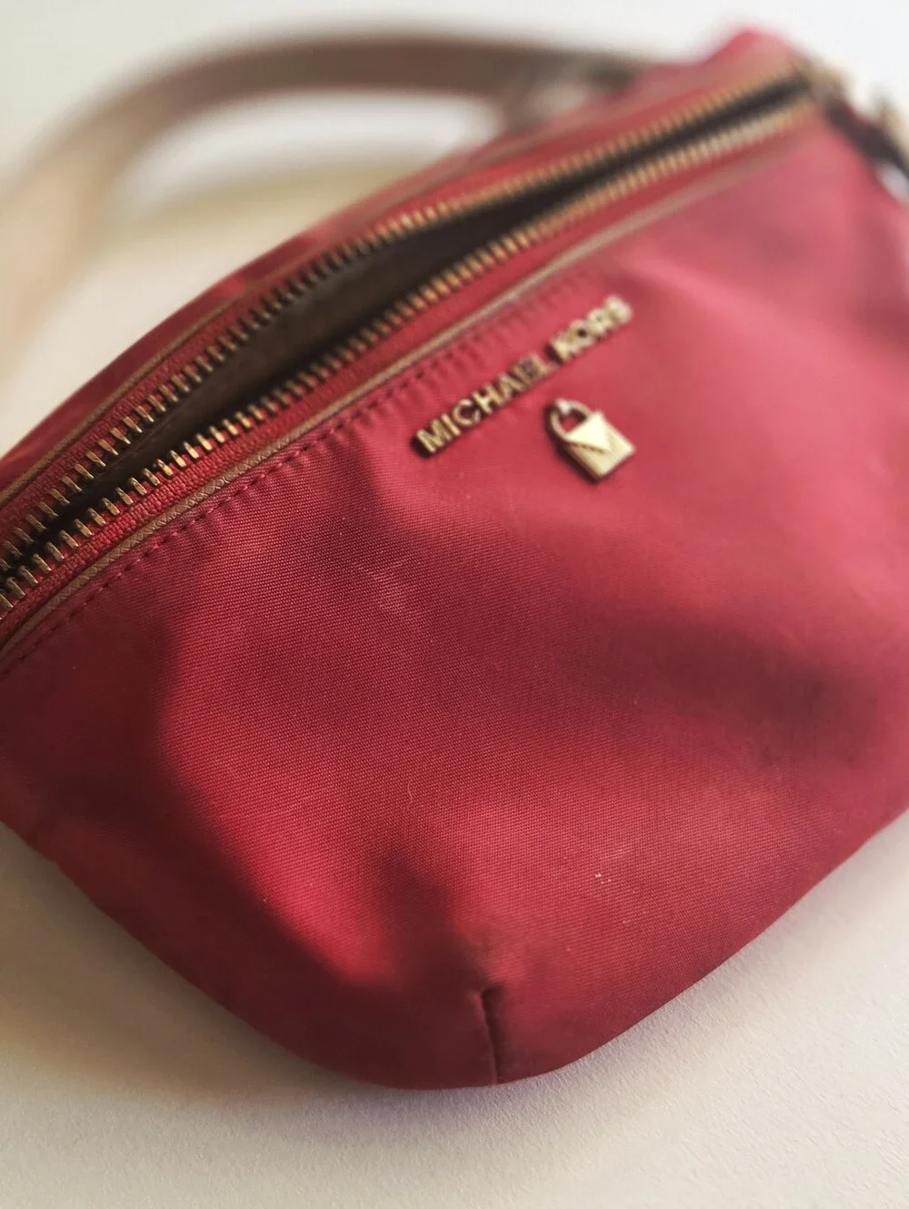 Michael Kors Red Nylon Crossbody Belt Bag with Beige Strap